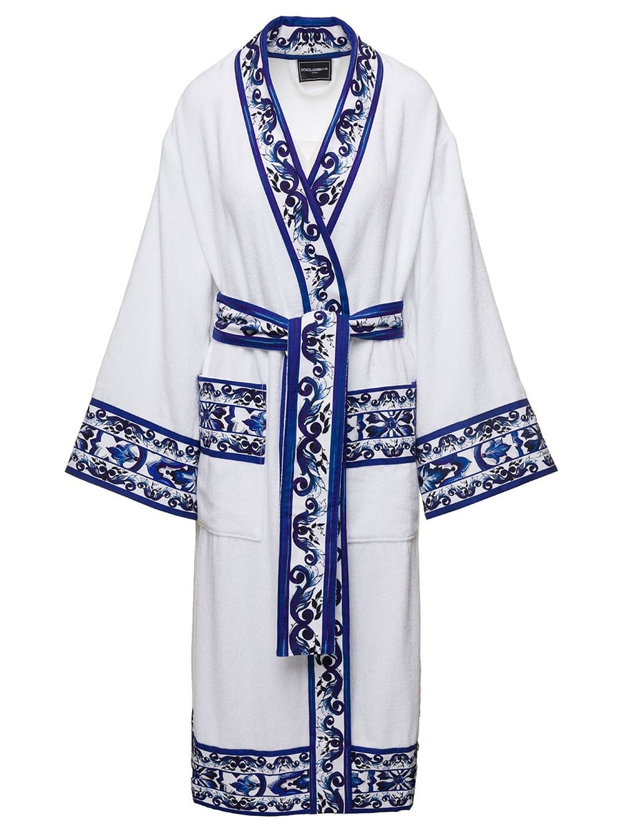 Dolce & gabbana casa Accappatoio a Kimono con Rifiniture Blu Mediterraneo e Cotone Bianco Unisex