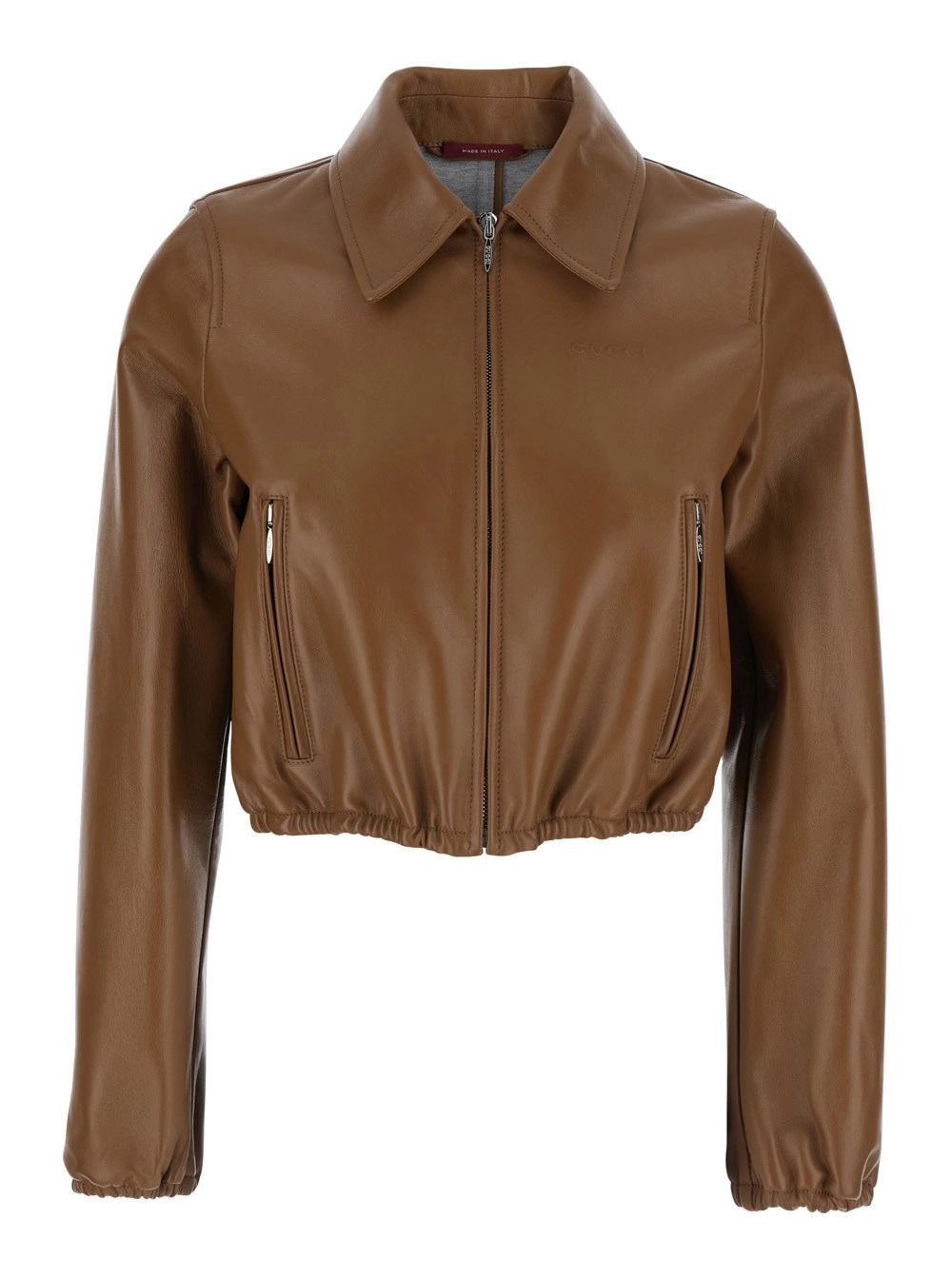 Gucci Giubbotto Crop con Colletto Classico e Logo Lettering Tono su Tono sul Fronte in Pelle Marrone Donna