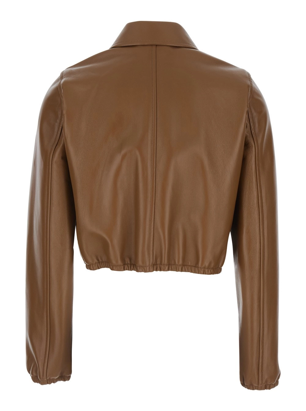 Gucci Giubbotto Crop con Colletto Classico e Logo Lettering Tono su Tono sul Fronte in Pelle Marrone Donna, view 2