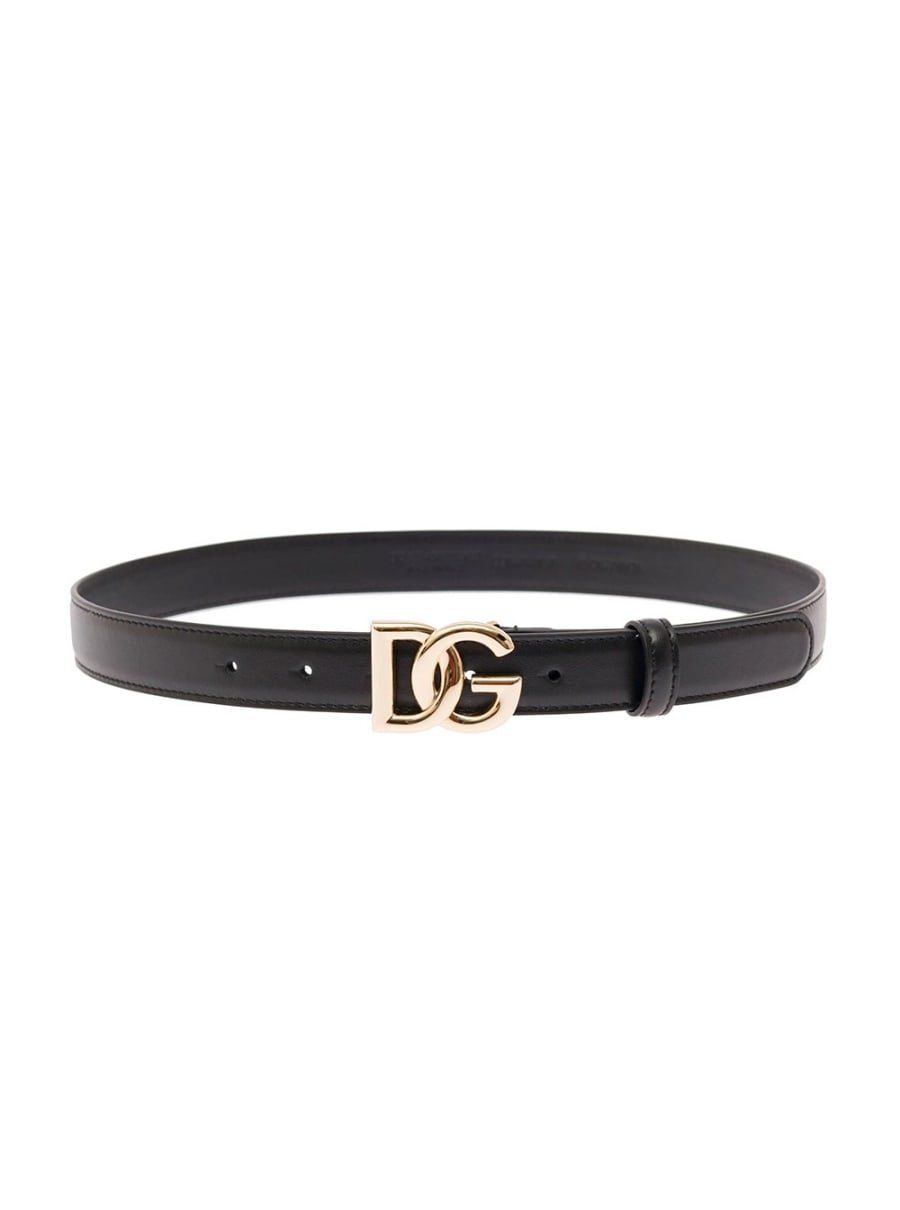 Dolce & Gabbana Cintura Sottile con Fibbia DG in Metallo Dorato Nero in Pelle Donna