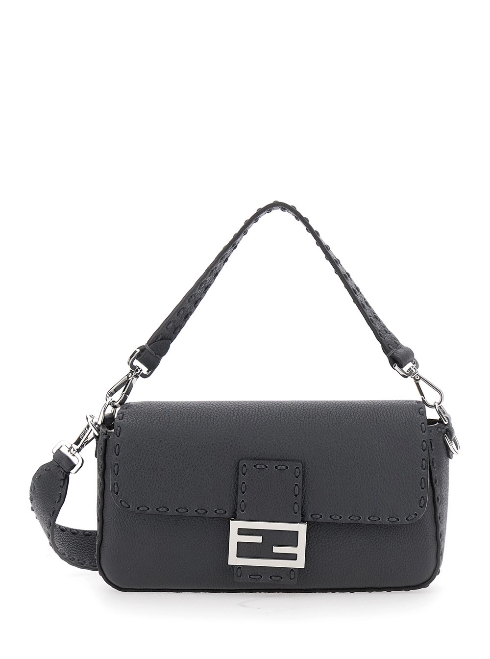 Fendi Borsa a Spalla 'Baguette' con Cuciture a Contrasto in Pelle Grigia Uomo