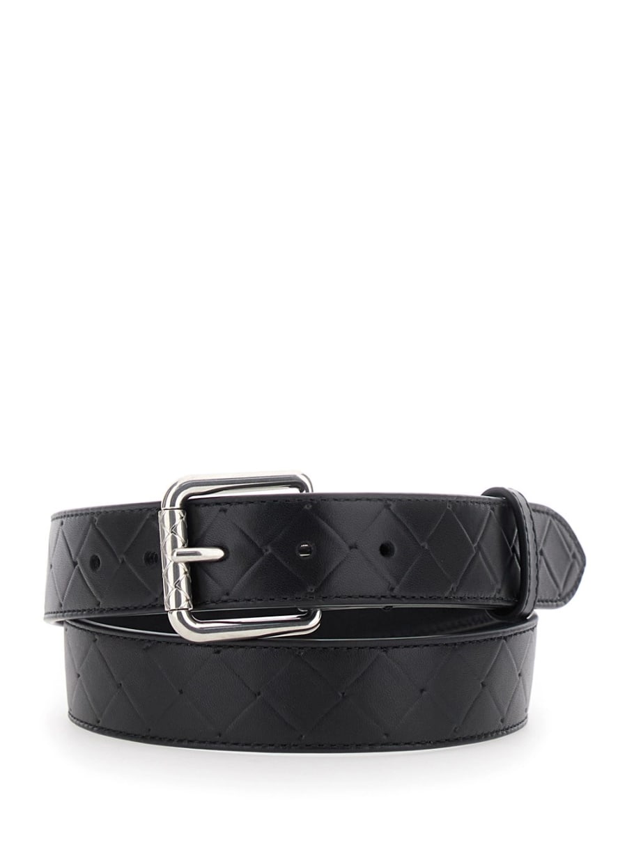 Bottega Veneta Cintura con Chiusura con Fibbia e Motivo Intrecciato in Pelle Nera Uomo