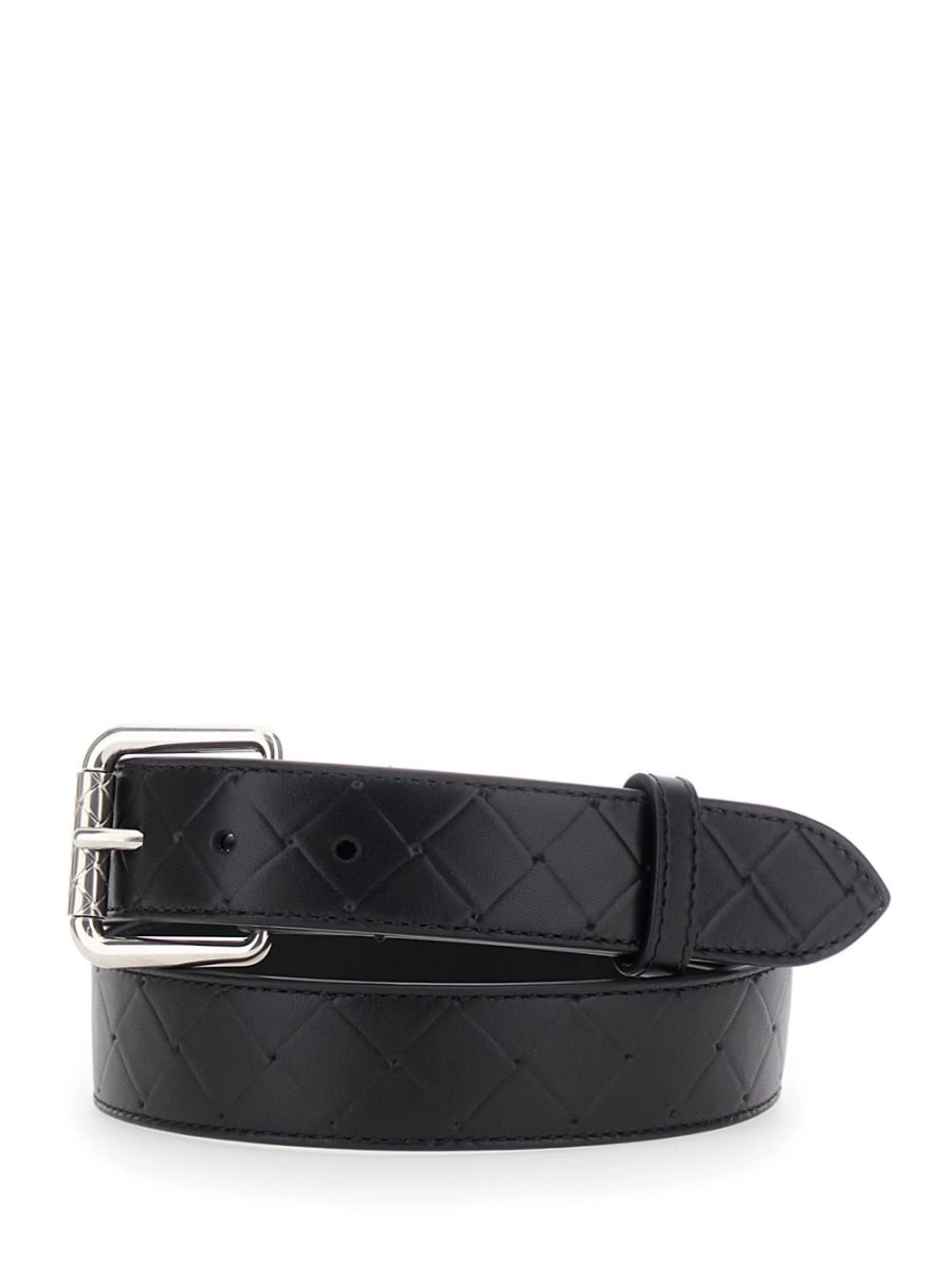 Bottega Veneta Cintura con Chiusura con Fibbia e Motivo Intrecciato in Pelle Nera Uomo, view 2