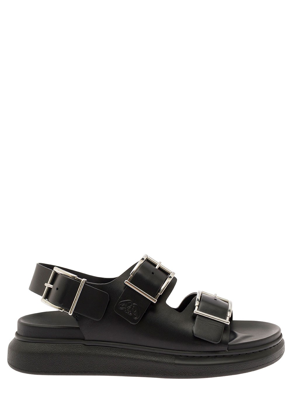 Alexander McQueen Sandalo Slide con Logo Goffrato in Pelle Nera Uomo