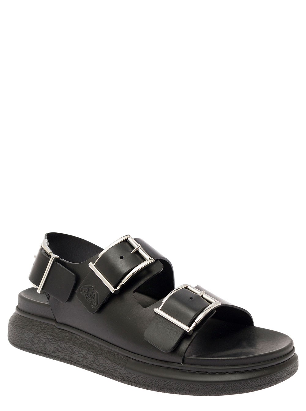 Alexander McQueen Sandalo Slide con Logo Goffrato in Pelle Nera Uomo, view 2