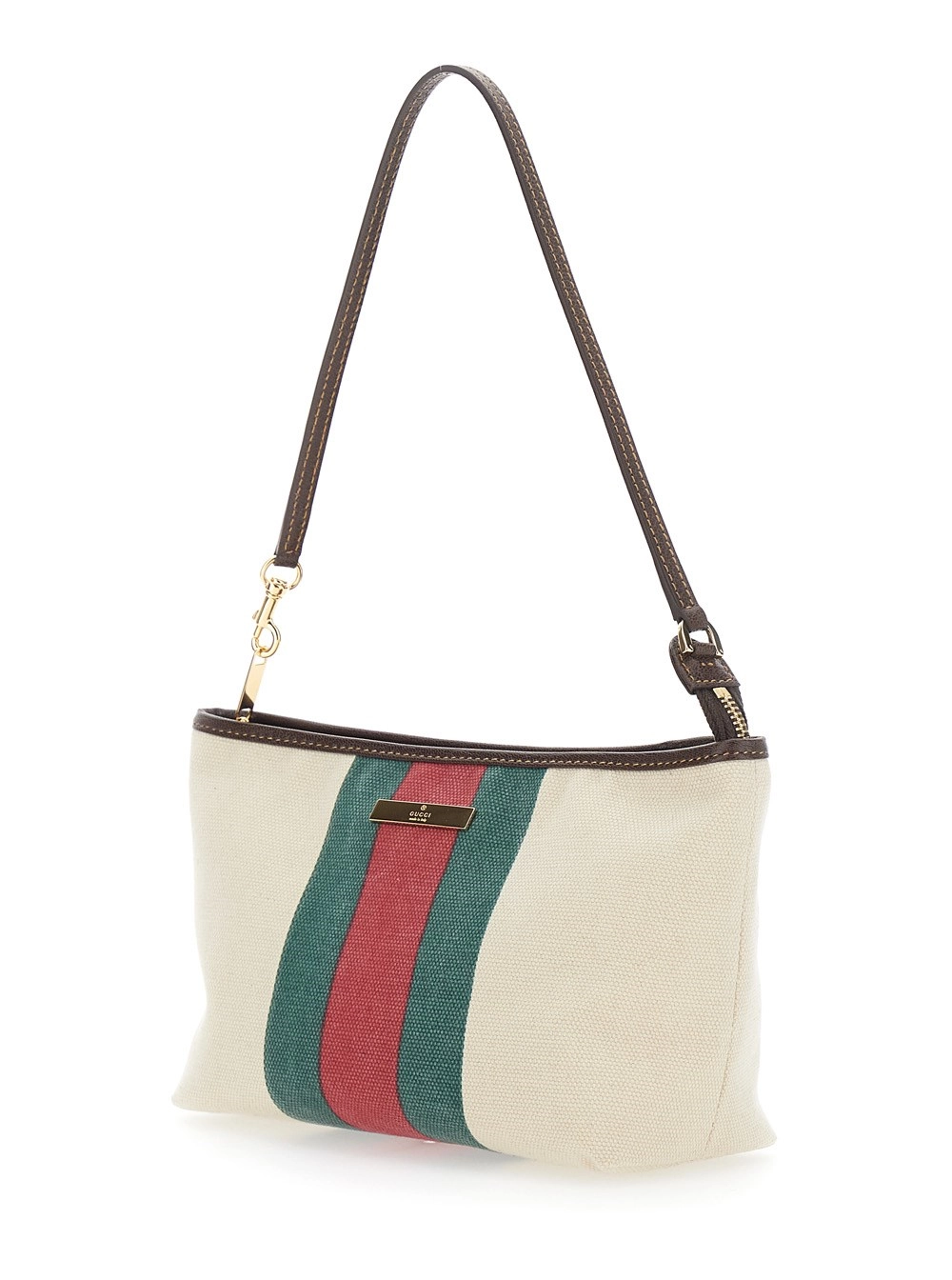 Gucci Borsa a spalla con dettaglio Web e placca logo in tessuto Bianca donna, view 2