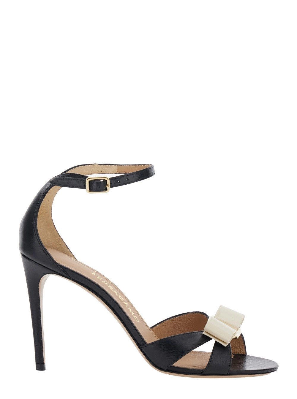 Ferragamo Sandalo con Tacco 'Vara' con Dettaglio Fiocco sul Fronte in Pelle Neri Donna
