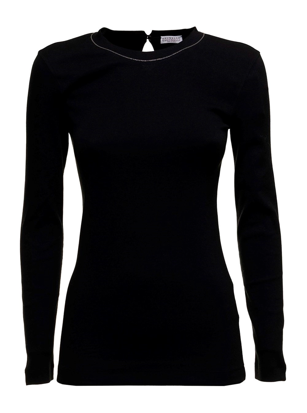 Brunello Cucinelli Maglia a Maniche Lunghe in Cotone Nero e Girocollo Monile Brunello Cucinelli Donna