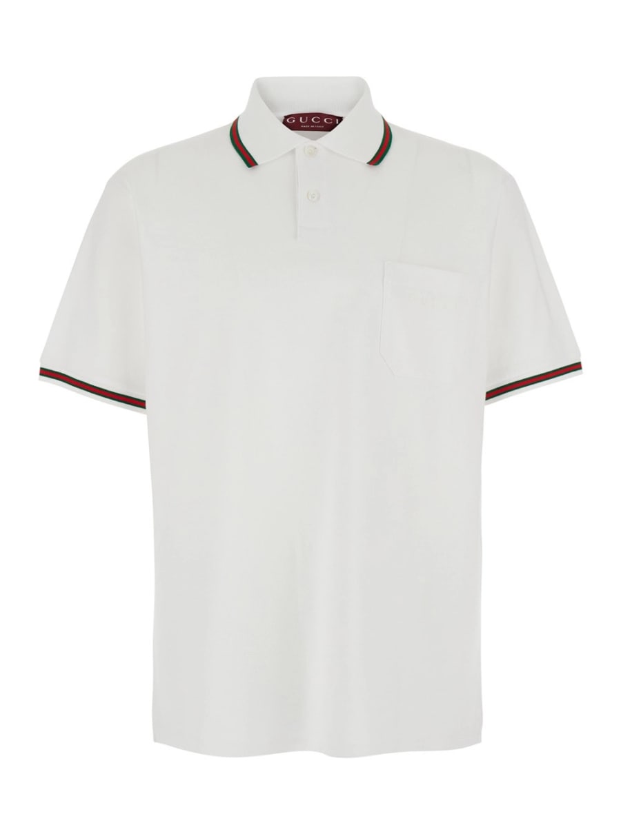 Gucci Polo con Dettaglio Web su Colletto e Maniche e Logo Lettering Tono su Tono sul Fronte in Cotone Bianca Uomo
