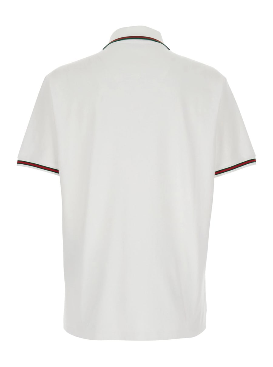 Gucci Polo con Dettaglio Web su Colletto e Maniche e Logo Lettering Tono su Tono sul Fronte in Cotone Bianca Uomo, view 2