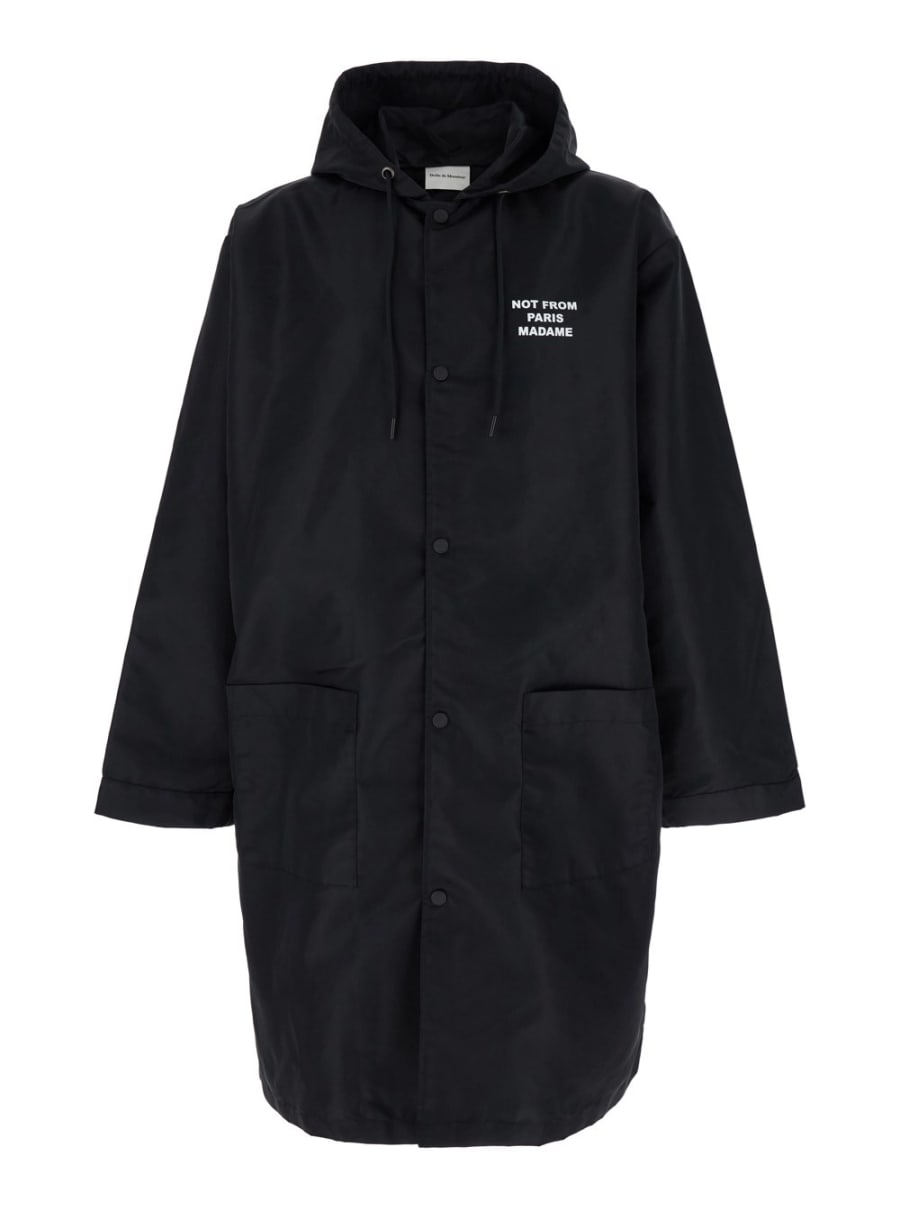 Drôle de monsieur Parka 'La Parka Slogan' con Cappuccio con Coulisse e Stampa Logo su Fronte e Retro in Tessuto Tecnico Nero Uomo, view 2