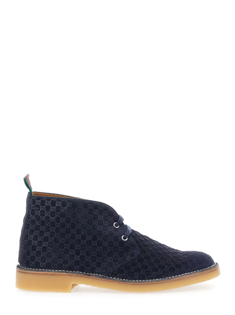 Gucci Stivaletti con Dettaglio Web sul Tallone e Tacco Basso in Pelle Scamosciata GG Blu Uomo