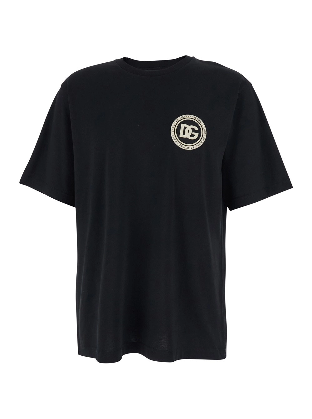 Dolce & Gabbana T-Shirt girocollo con ricamo logo sul fronte in cotone nera uomo