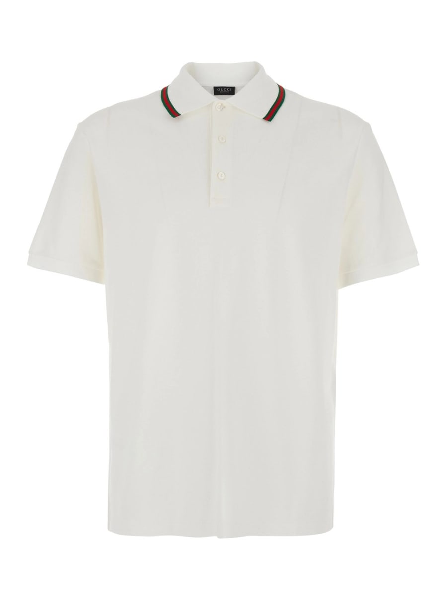 Gucci Polo con Colletto Web e Maniche Corte in Cotone Bianca Uomo