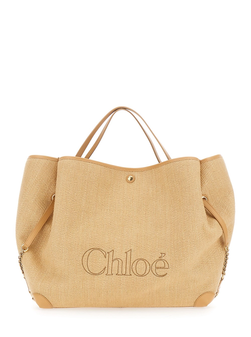 Chloé Borsa Shopping 'Chloe Clover' con Logo Lettering sul Fronte e Tracolla Scorrevole con Catena in Tessuto Beige Donna