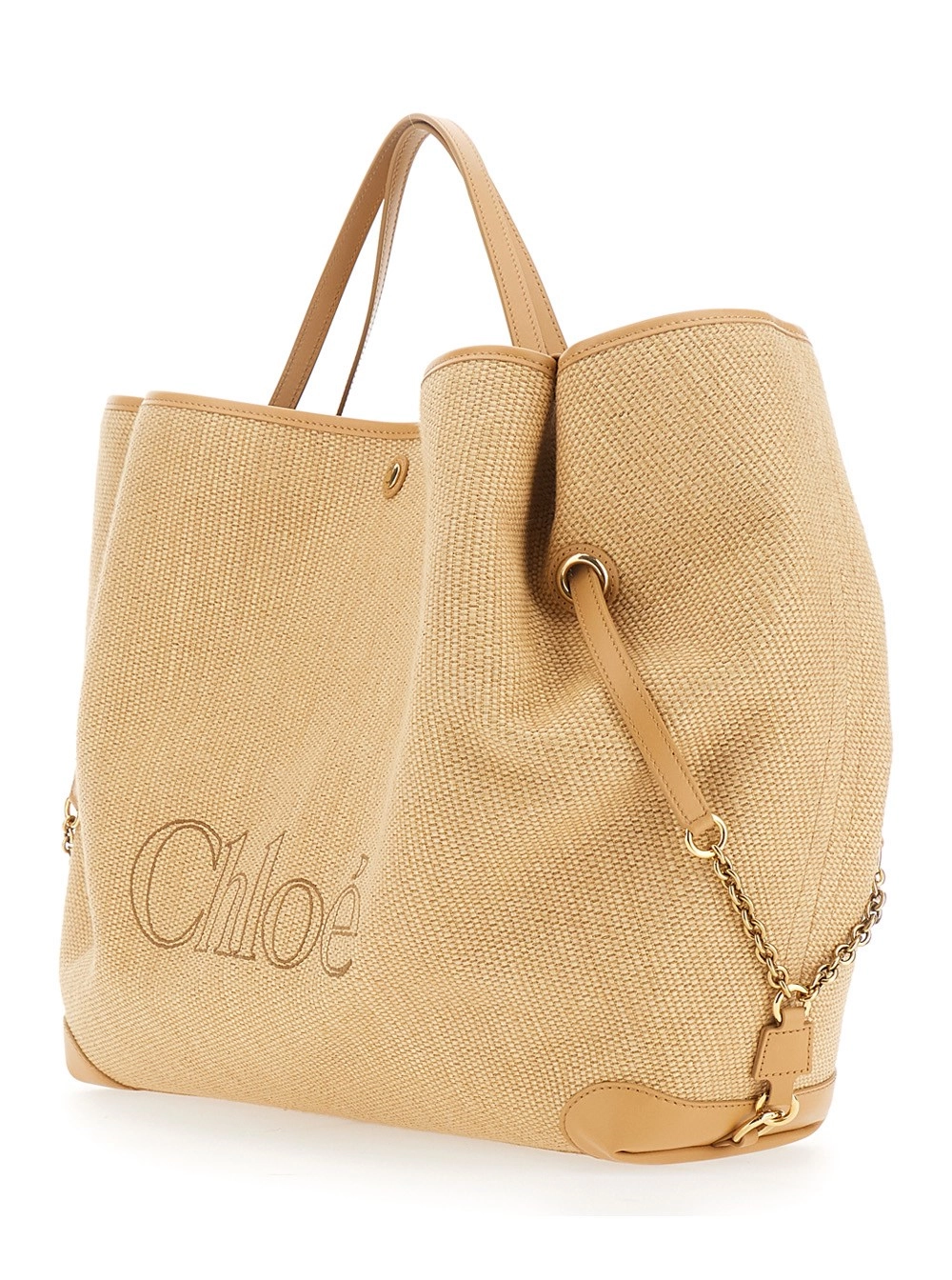 Chloé Borsa Shopping 'Chloe Clover' con Logo Lettering sul Fronte e Tracolla Scorrevole con Catena in Tessuto Beige Donna, view 2