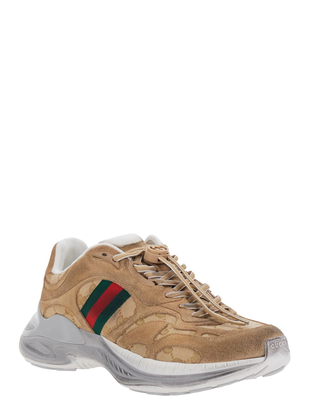 Gucci Sneaker 'Gucci 2.0' Low Top con Dettaglio Web sul Lato in Pelle Scamosciata e Tessuto GG Supreme Beige Uomo, view 2