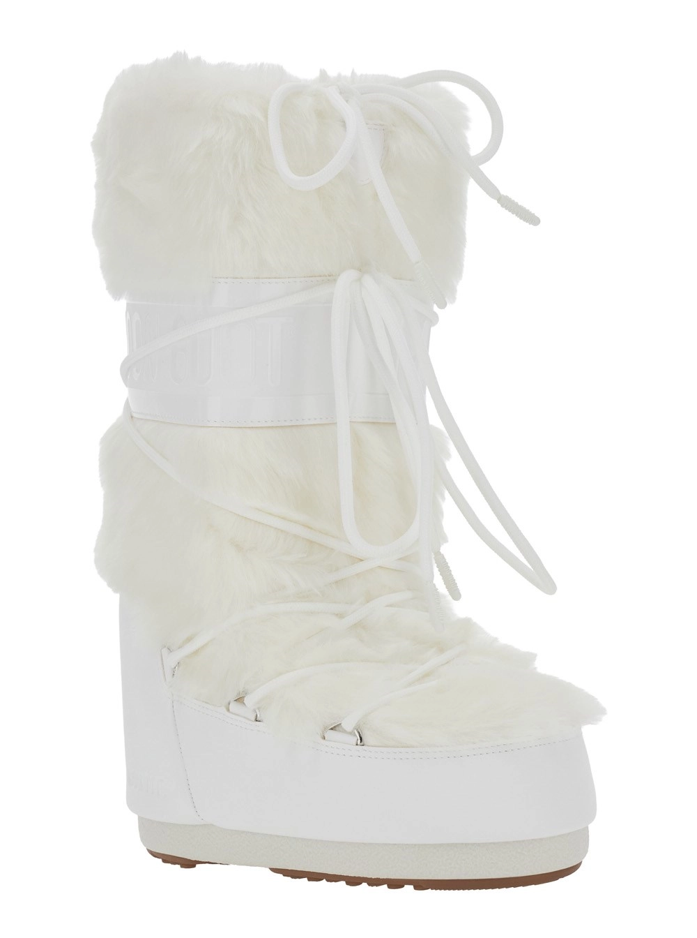 Moon boot Stivali da Neve 'Icon Fur' con Maxi Stampa Logo sul Lato e dettagli in eco-pelliccia in Tessuto Tecnico bianchi Donna, view 2