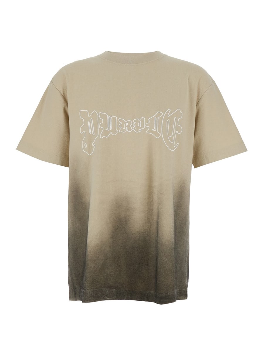 Purple brand T-Shirt Girocollo con Stampa Logo sul Fronte e Design Sbiadito in Cotone Beige Uomo