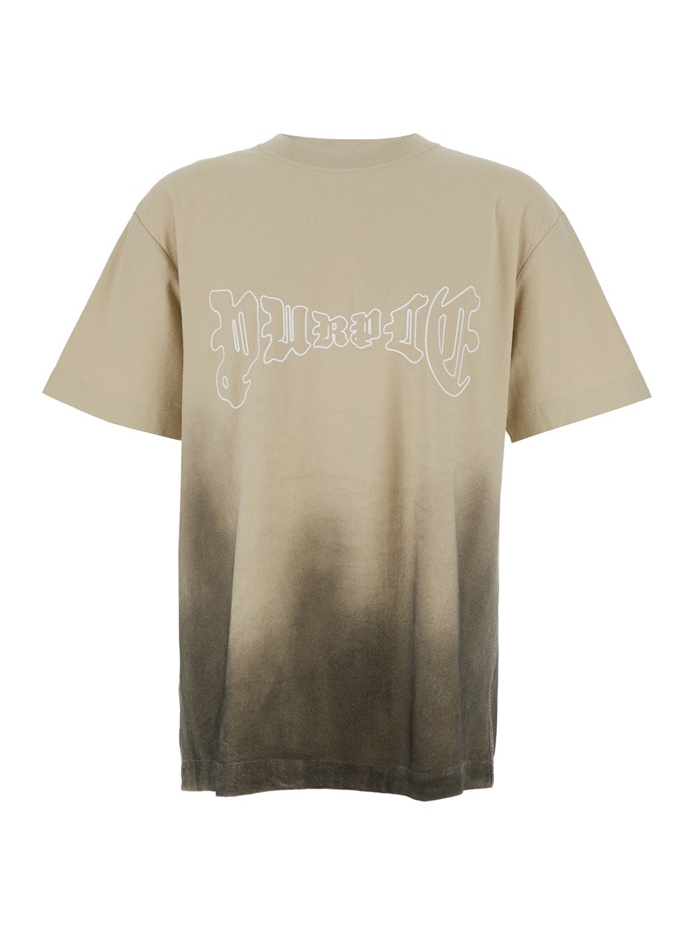 Purple brand T-Shirt Girocollo con Stampa Logo sul Fronte e Design Sbiadito in Cotone Beige Uomo