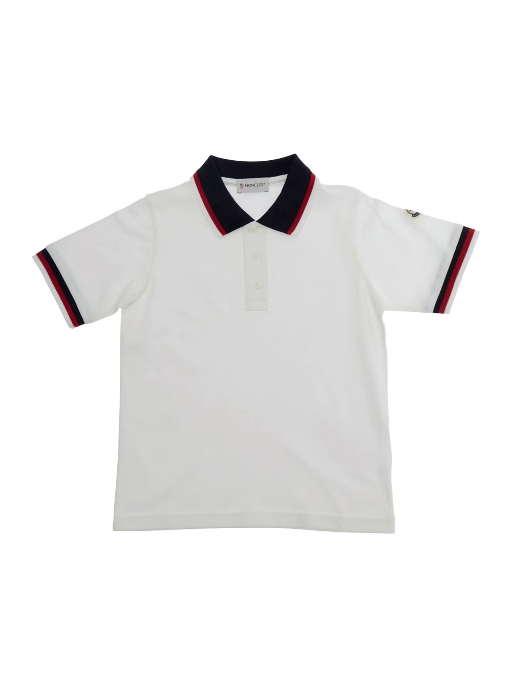 Moncler kids Polo Bianca con Colletto a Contrasto e Patch Logo sulla Manica in Cotone Stretch Baby