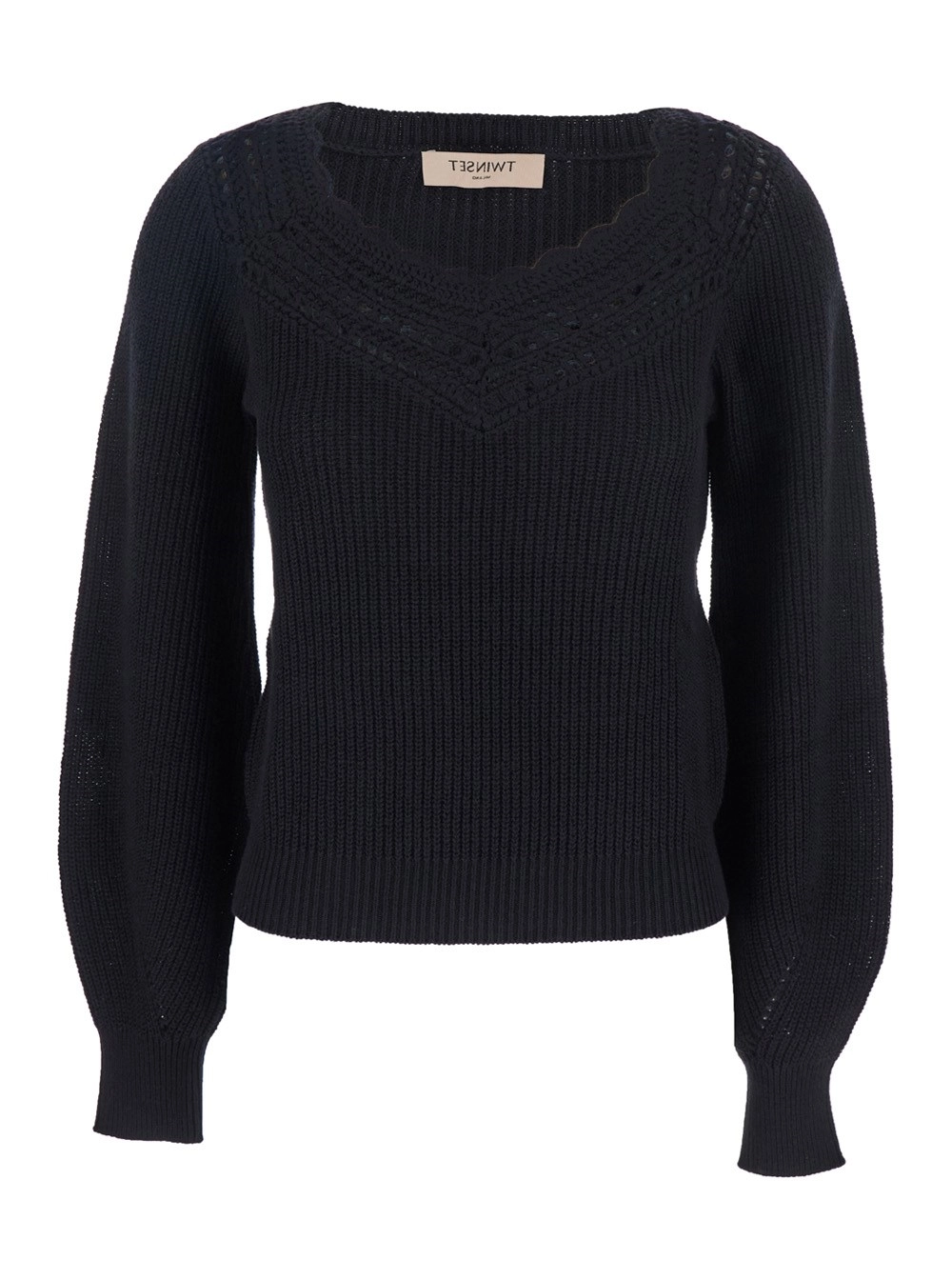 Twinset Maglione con Scollo con Ricamo e Polsini Elasticizzati in Cotone e Lana Nero Donna