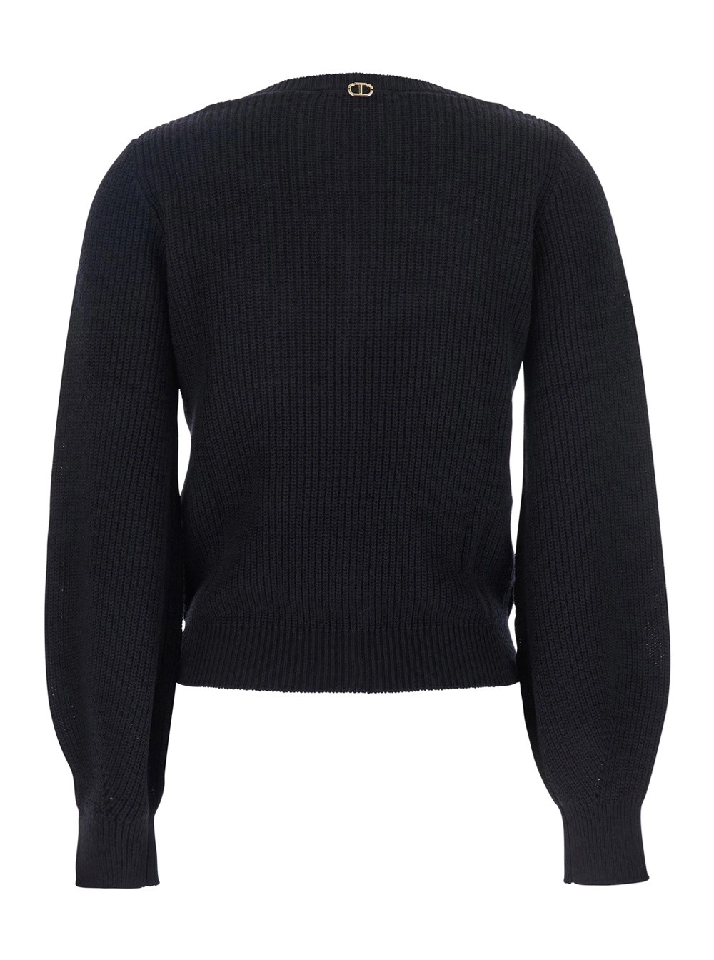 Twinset Maglione con Scollo con Ricamo e Polsini Elasticizzati in Cotone e Lana Nero Donna, view 2