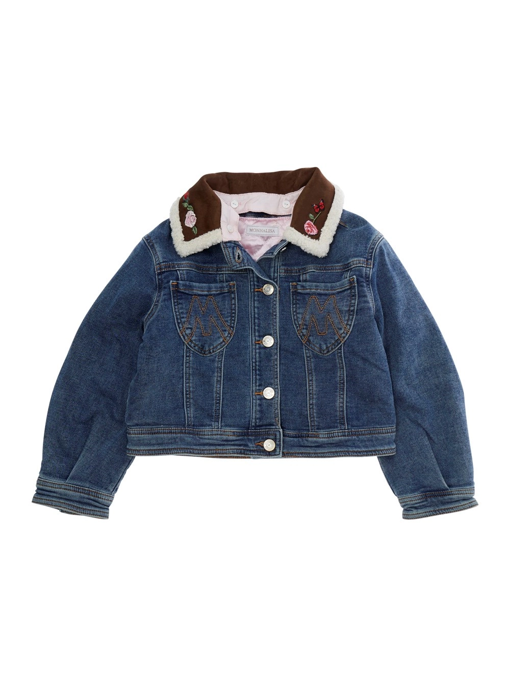 Monnalisa kids Giubbotto con colletto con ricamo e ricamo sul retro in denim blu bambina