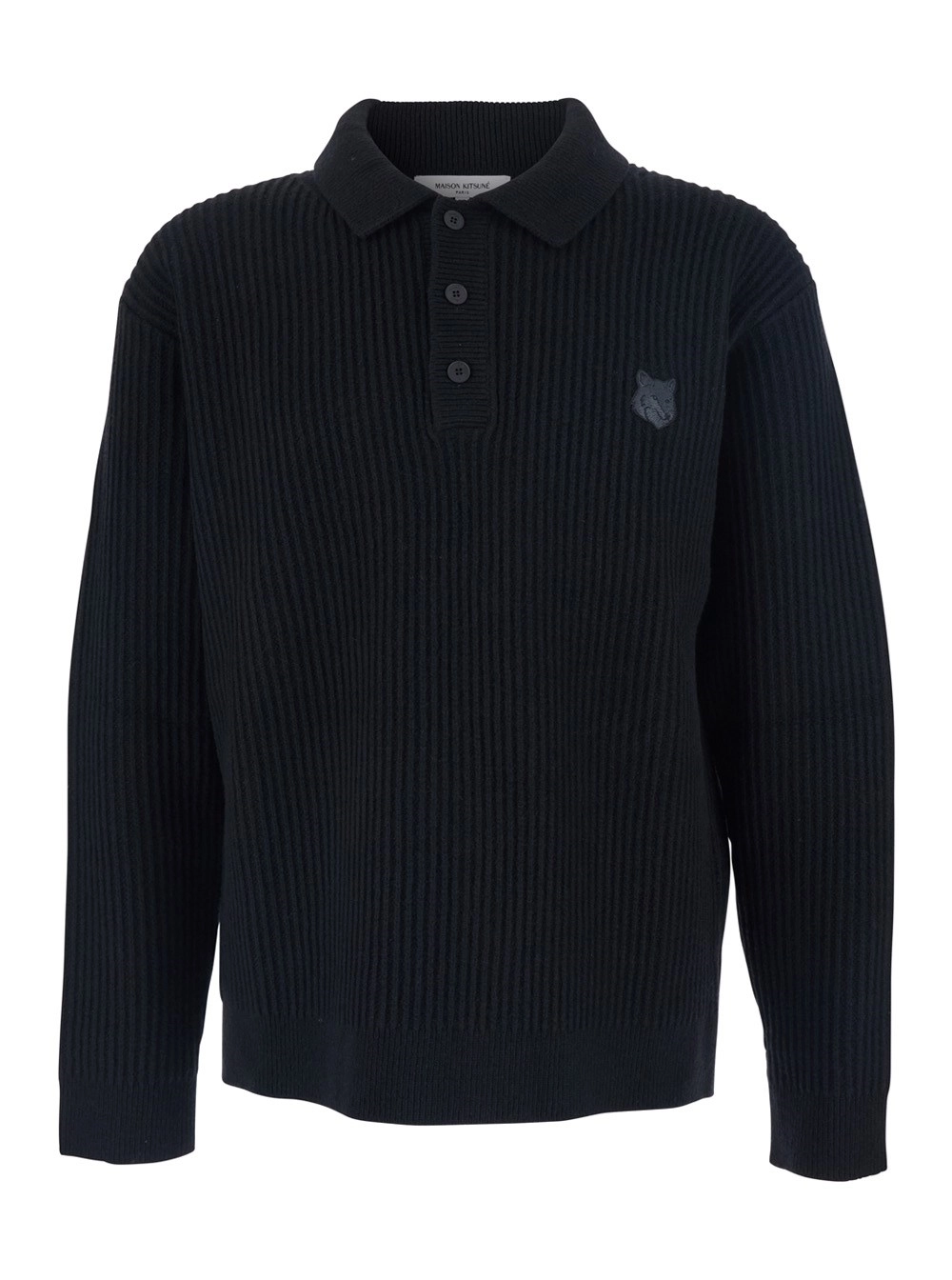 Maison kitsuné Maglione con Patch Logo sul Fronte e Deisgn a Coste in Cotone Nero Uomo