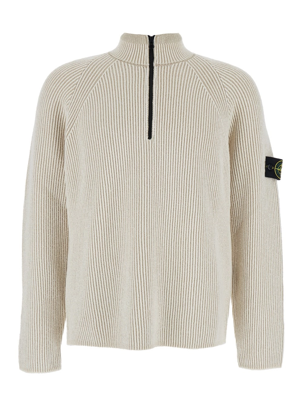 Stone Island Maglione a Collo Alto con Chiusura con Mezza Zip sul Fronte e Lavorazione a Coste in Lana Stretch Bianco Uomo