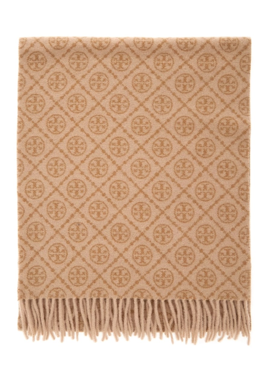 Tory Burch Sciarpa 'T Monogram' con Frange sui Bordi in Lana Beige Donna