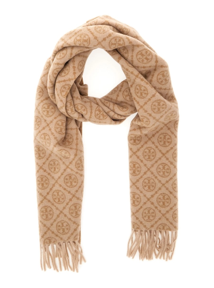 Tory Burch Sciarpa 'T Monogram' con Frange sui Bordi in Lana Beige Donna, view 2