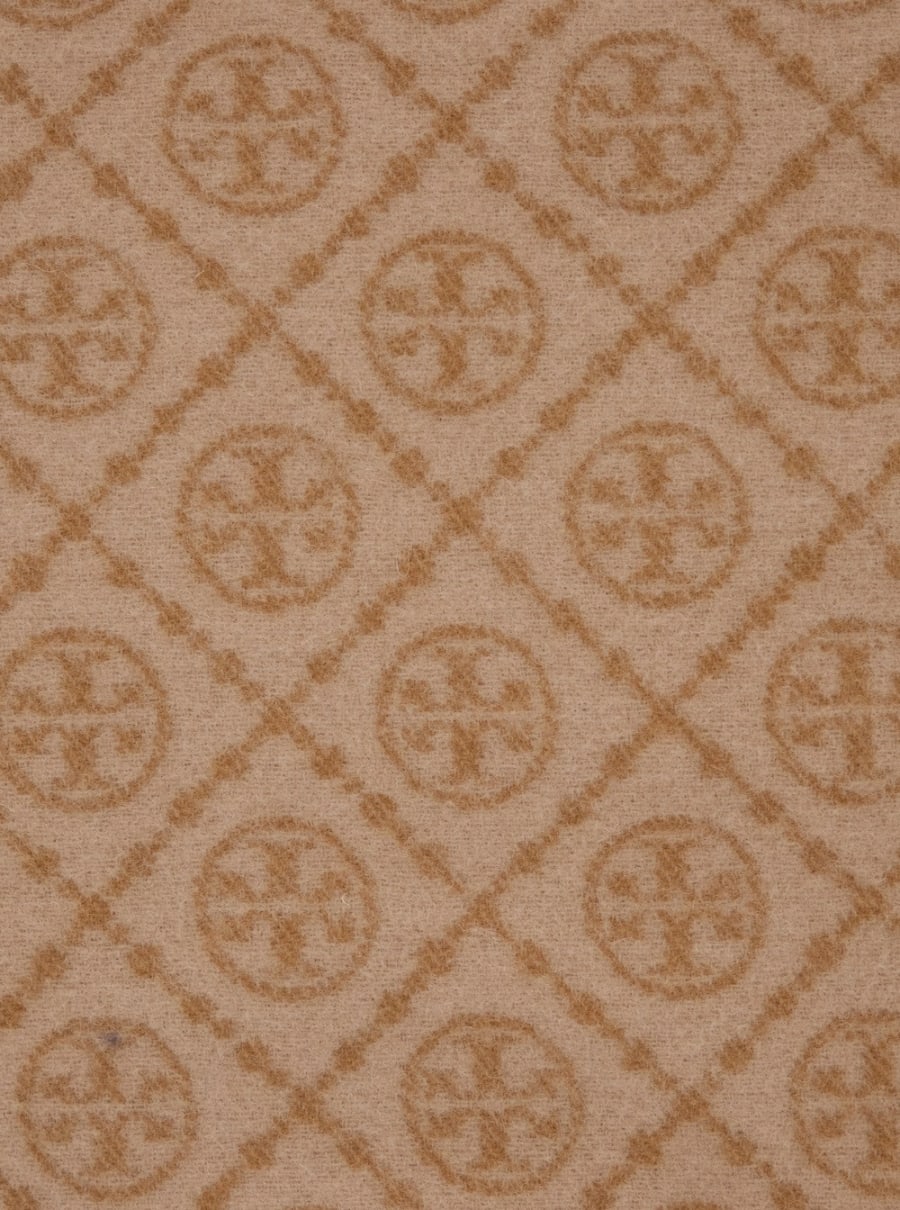 Tory Burch Sciarpa 'T Monogram' con Frange sui Bordi in Lana Beige Donna, view 3