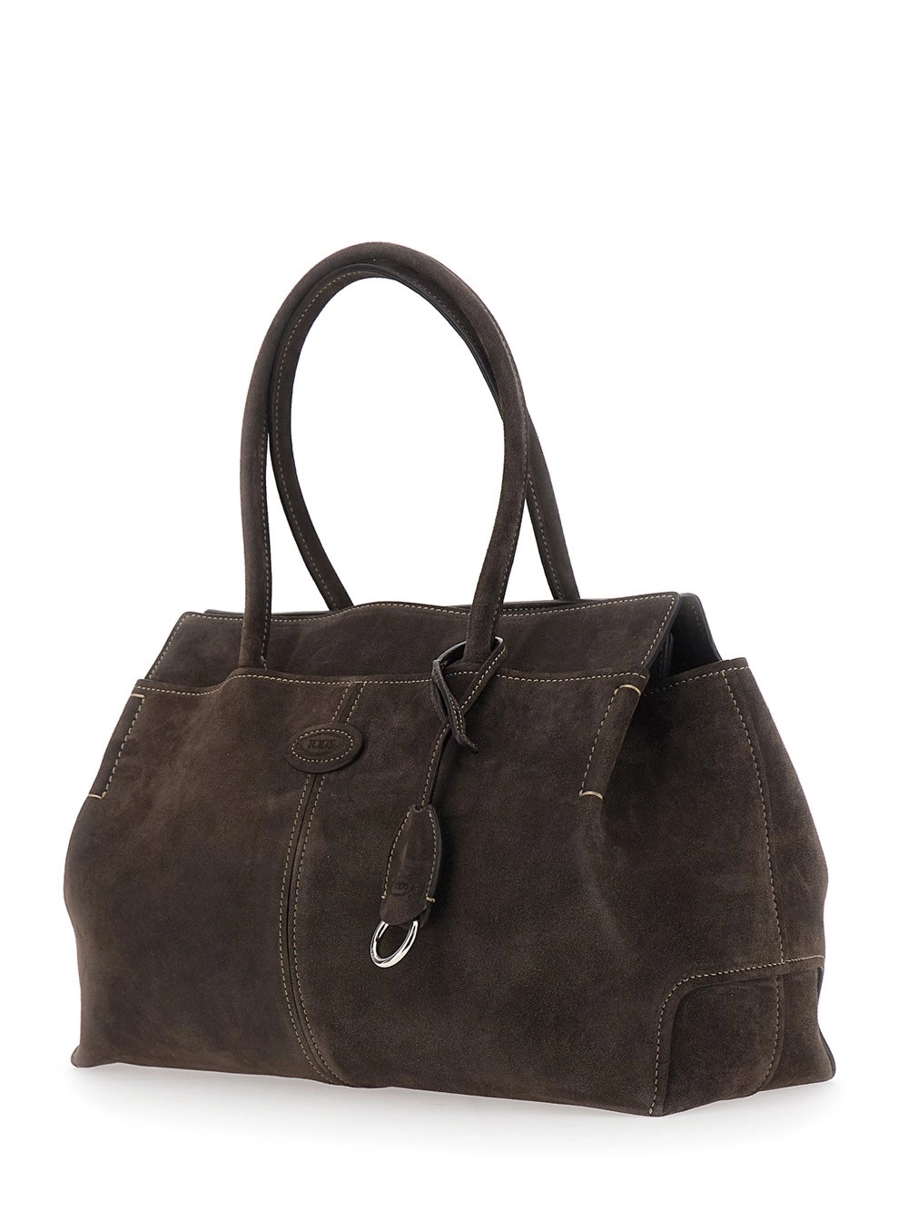 Tod's Borsa a Spalla con logo impresso sul fronte e charm con anello portachiavi removibile in pelle scamosciata marrone donna, view 2