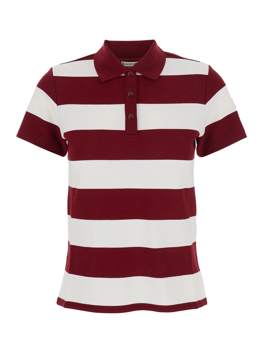 Moncler Polo con Patch Logo sulla Manica e Motivo a Righe All-Over in Viscosa Stretch Rossa Donna