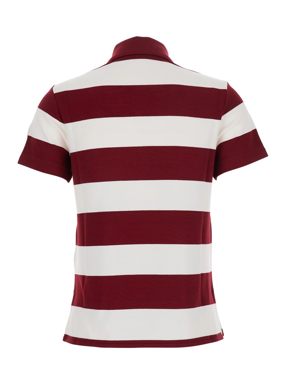 Moncler Polo con Patch Logo sulla Manica e Motivo a Righe All-Over in Viscosa Stretch Rossa Donna, view 2