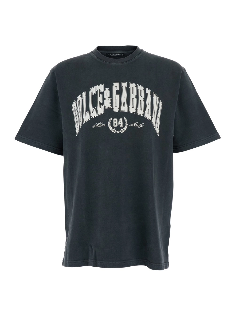 Dolce & Gabbana T-Shirt Girocollo con Stampa Logo Lettering sul Fronte in Cotone Grigia Scura Uomo