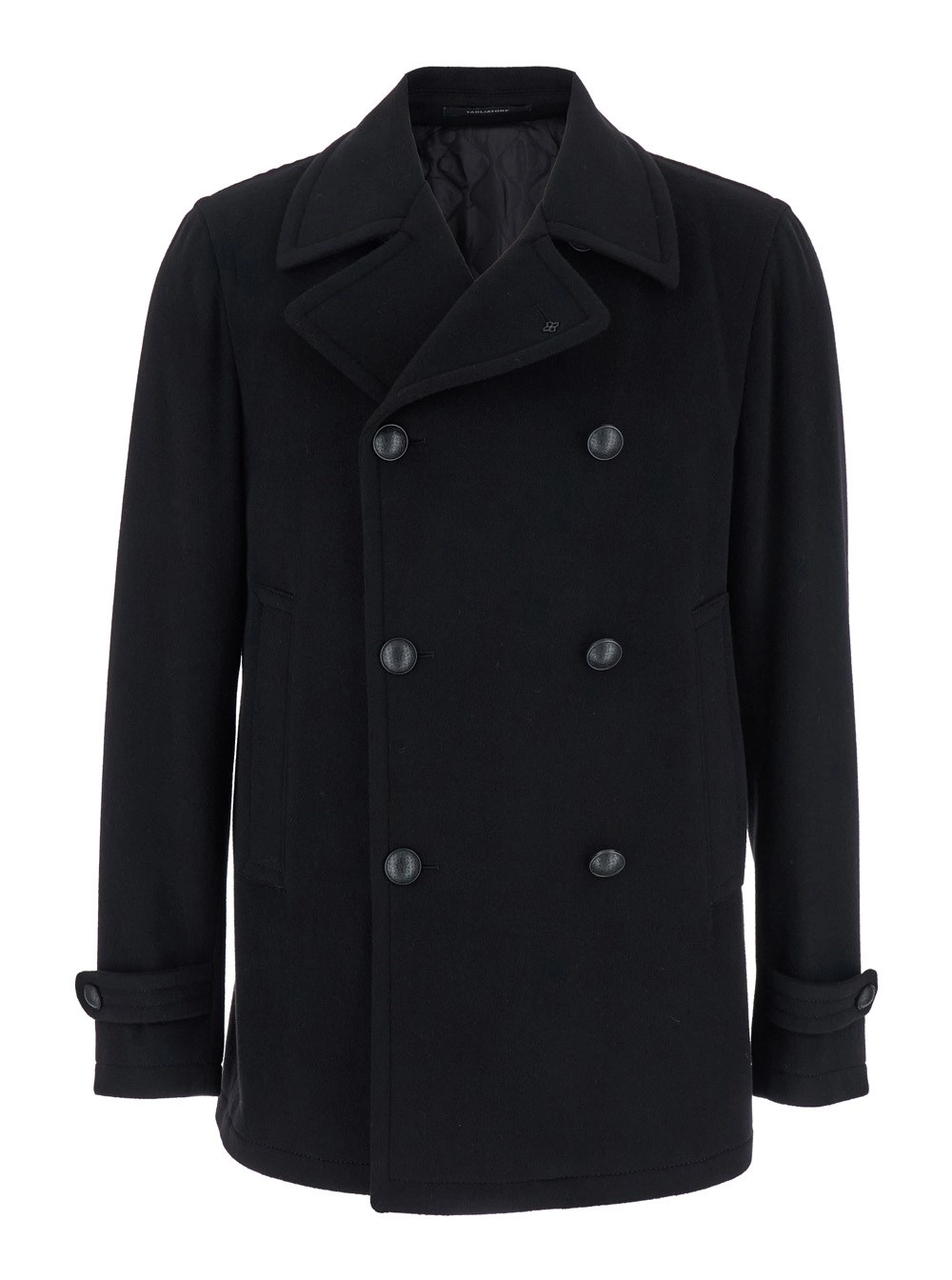 Tagliatore Cappotto Nero con Chiusura a Bottone e Tasche a Filetto in Lana