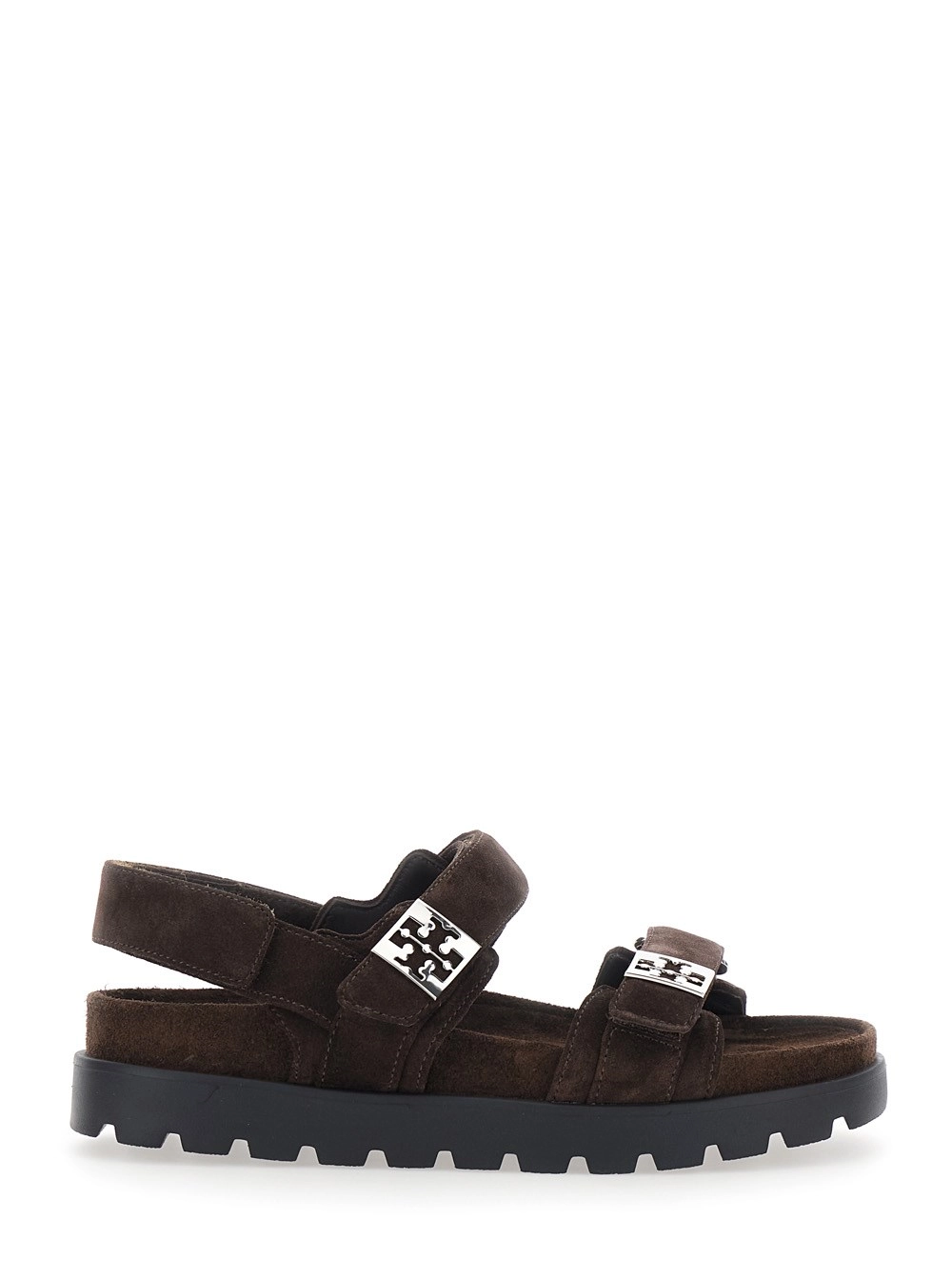 Tory Burch Sandali con chiusura regolabile e placche con logo in suede marroni donna