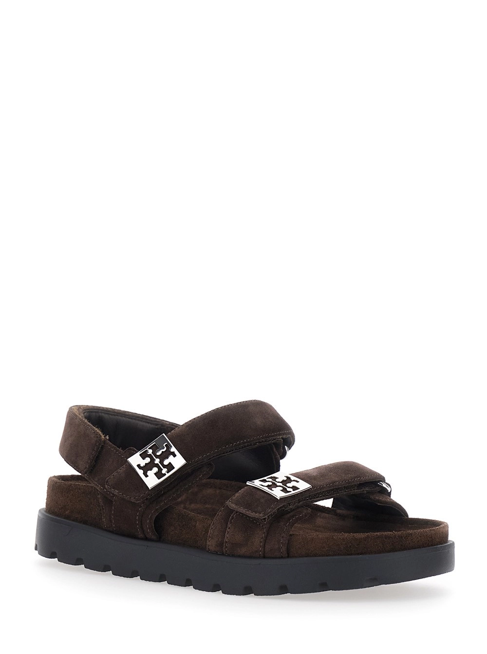Tory Burch Sandali con chiusura regolabile e placche con logo in suede marroni donna, view 2