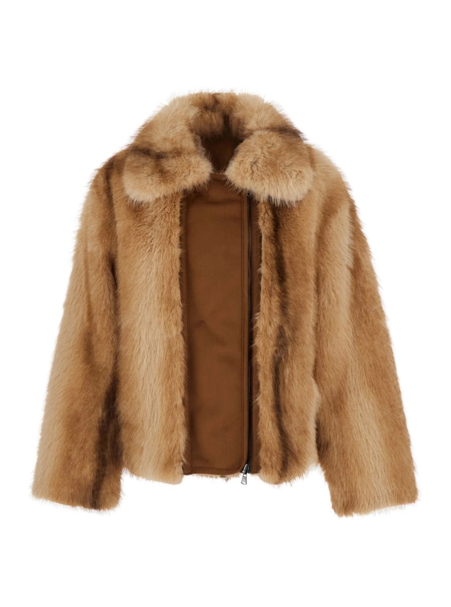 Urbancode Giubbotto montone con colletto ampio e chiusura con zip in eco pelliccia Beige per donna
