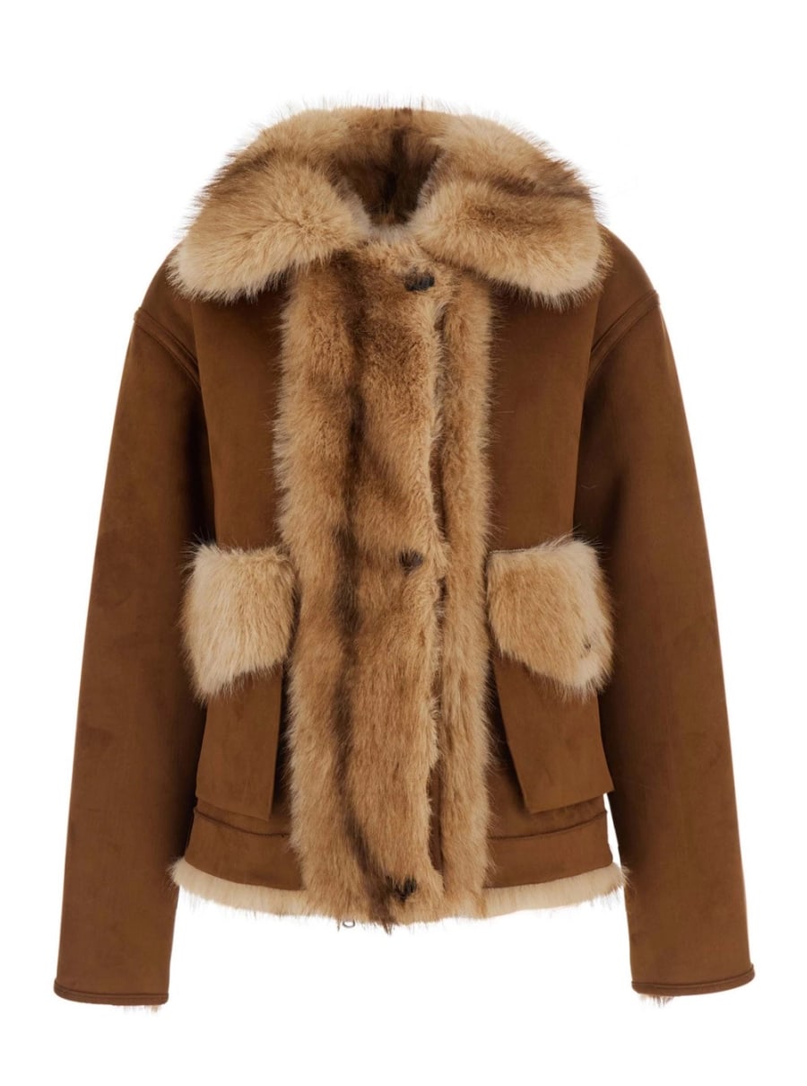 Urbancode Giubbotto montone con colletto ampio e chiusura con zip in eco pelliccia Beige per donna, view 4