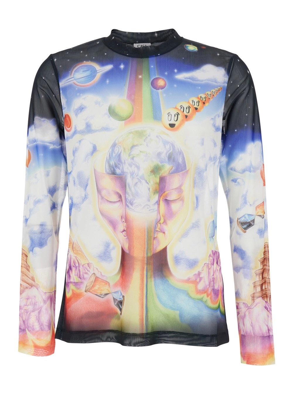 Casablanca T-Shirt a Maniche Lunghe Girocollo con Stampa All-Over in Tessuto Tecnico Stretch Multicolor Uomo