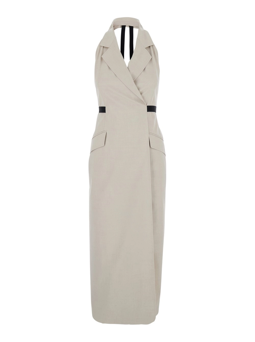 Max Mara Abito con collo a revers e schiena scoperta in Misto Cotone e Lana Vergine Beige Donna