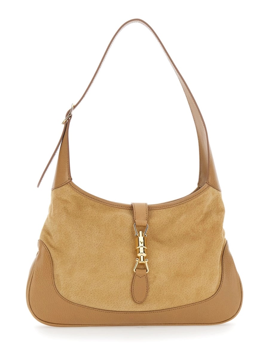 Gucci Borsa a Spalla 'Jackie 1961' con tracolla regolabile e chiusura a pistone sul fronte in pelle scamosciata beige donna