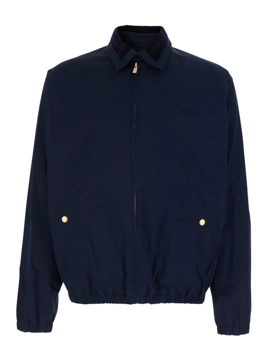 Drôle de monsieur Giubbotto 'Le Blouson Drôle' con Colletto Classico a Coste e Ricamo Logo Lettering Tono su Tono in Cotone Stretch Blu Uomo