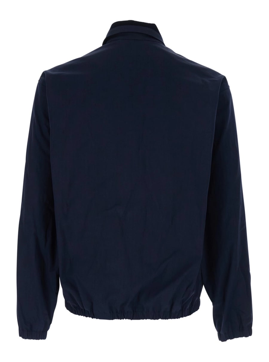 Drôle de monsieur Giubbotto 'Le Blouson Drôle' con Colletto Classico a Coste e Ricamo Logo Lettering Tono su Tono in Cotone Stretch Blu Uomo, view 2