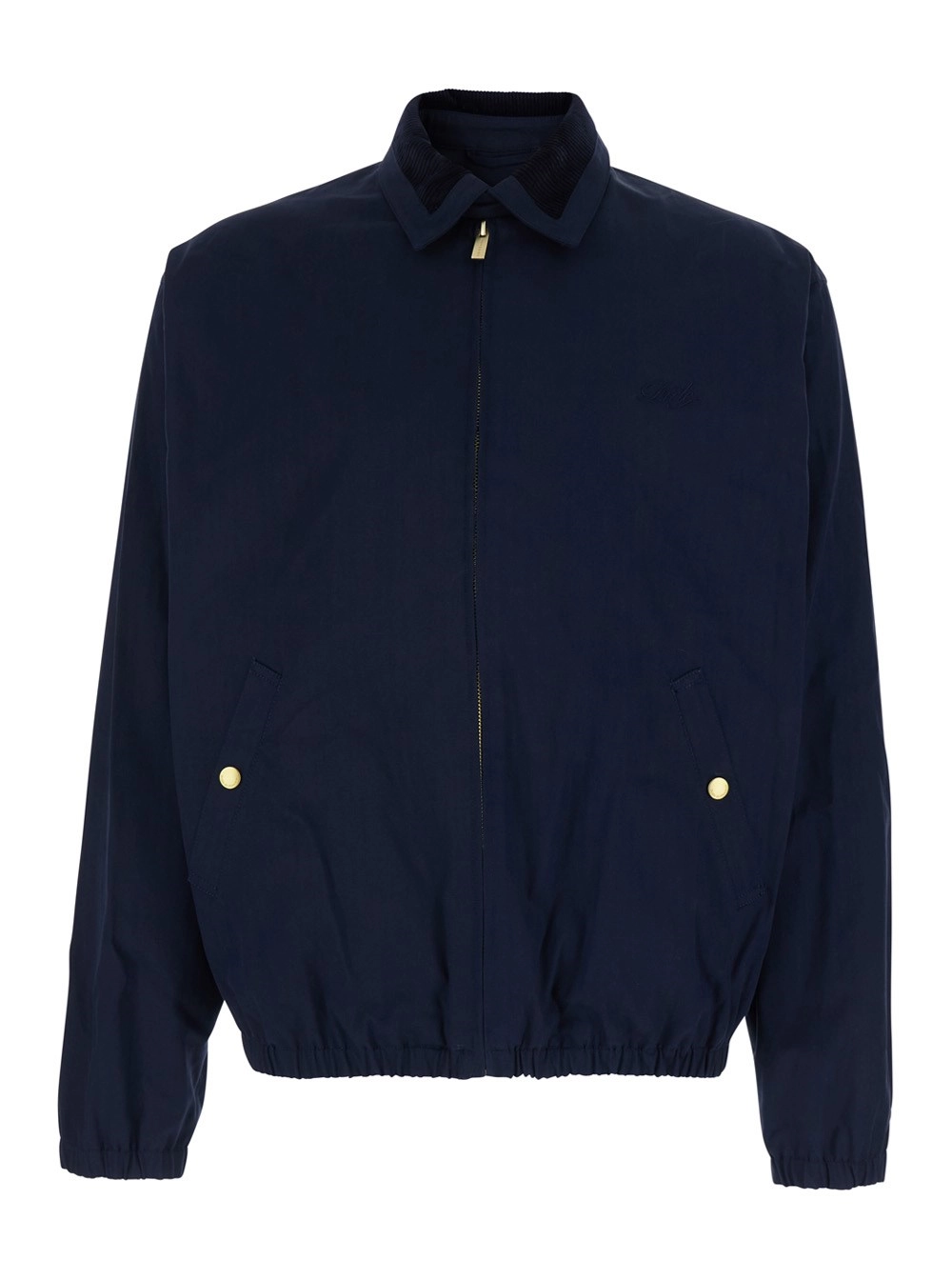 Drôle de monsieur Giubbotto 'Le Blouson Drôle' con Colletto Classico a Coste e Ricamo Logo Lettering Tono su Tono in Cotone Stretch Blu Uomo