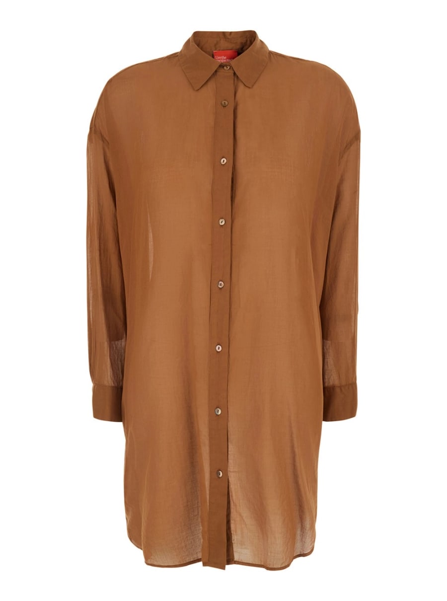 Merci Camicia lunga con colletto classico e maniche lunghe in cotone marrone donna