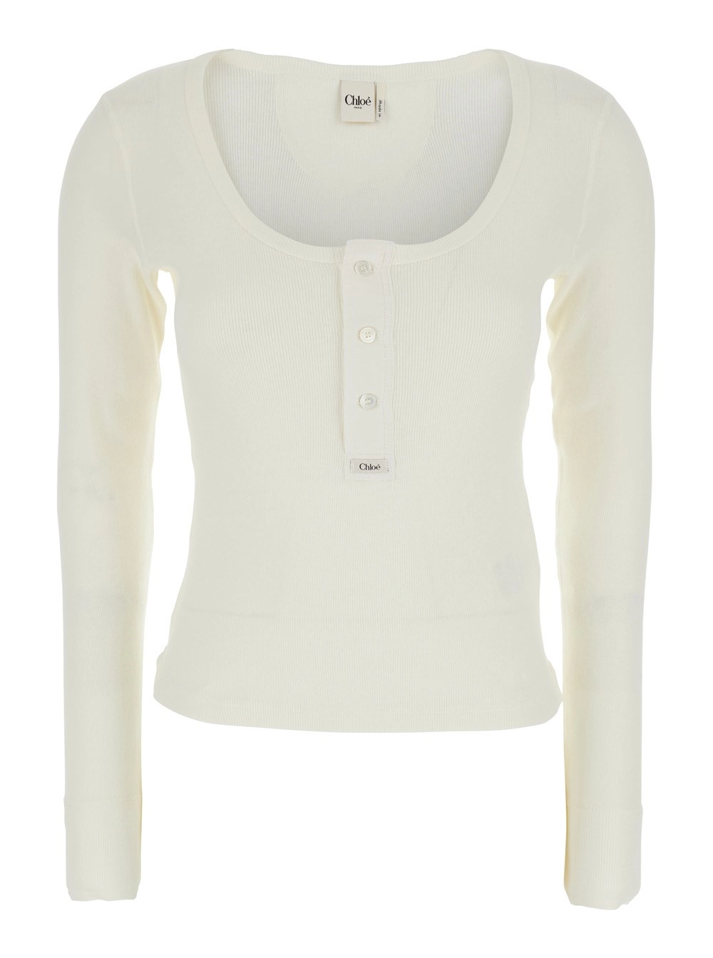 Chloé T-Shirt a Maniche Lunghe con Patch Logo sul Fronte e Lavorazione a Coste in Cotone Bianca Donna
